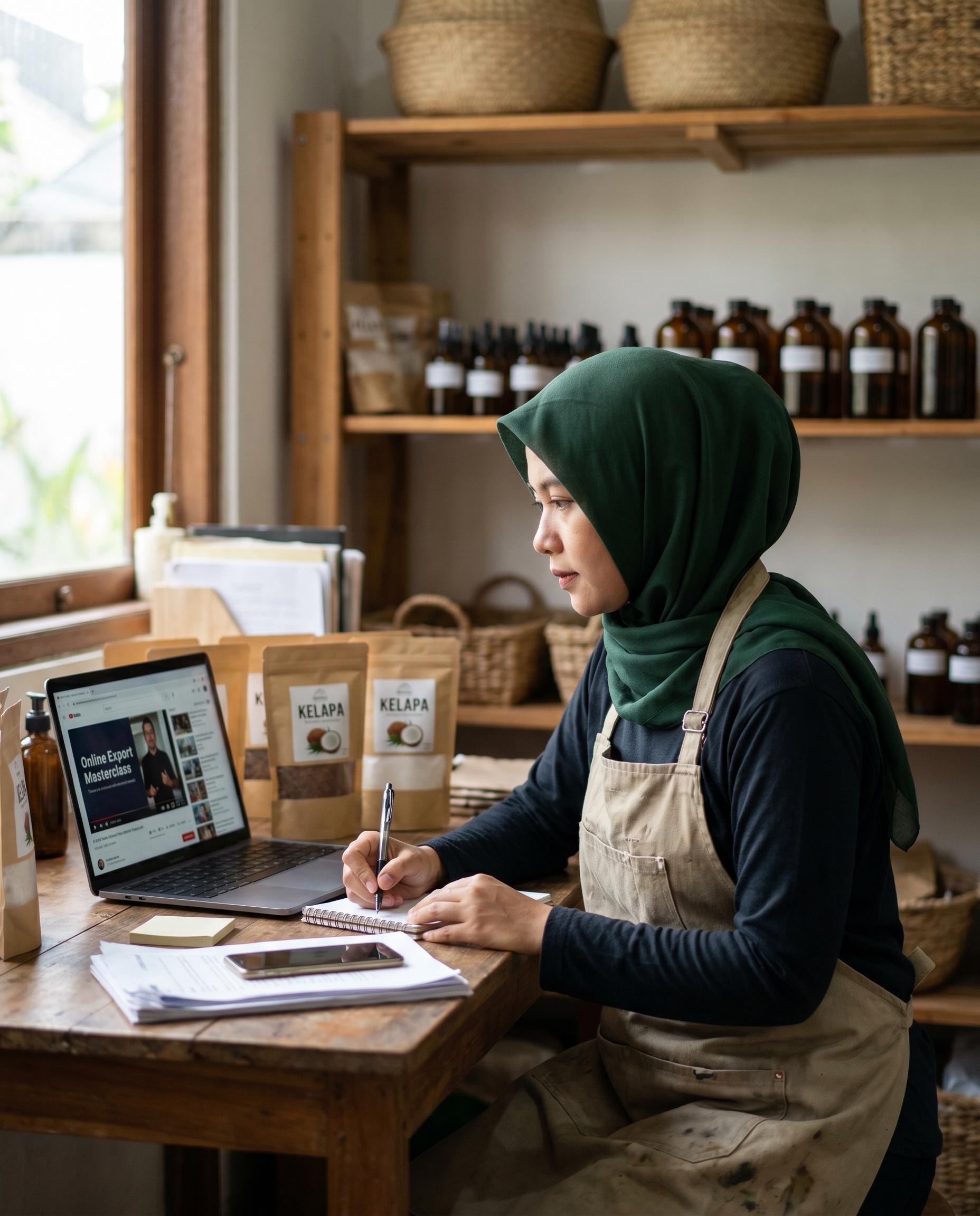Pemilik UMKM Indonesia sedang belajar kelas ekspor online dari laptop di workshop produk kelapanya